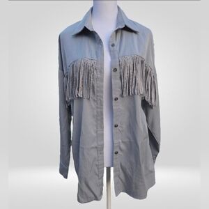 Savanna Jane Western Fringe Button-Up Shirt Grey Blue Size S